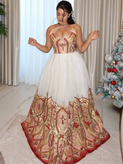 Red Habesha Wedding Libs – Luxury Habesha Chiffon Ethiopian Dress for Weddings & Gala Events