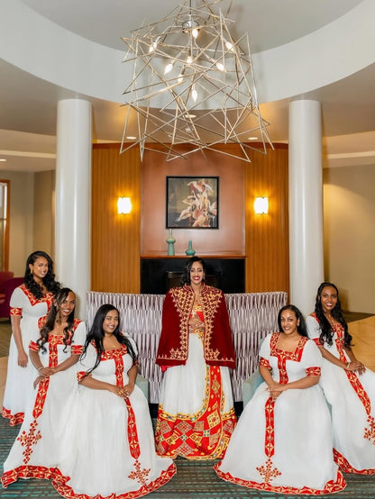 Red Ethiopian Wedding Matching Set – Elegant Habesha Couple Outfit with kaba for Weddings, Cultural Celebrations and Engagement Ceremonies