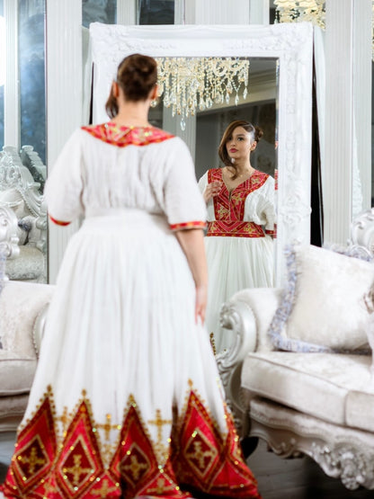 Red Habesha dress Handwoven Cotton Geometric Tibeb Traditional for Women