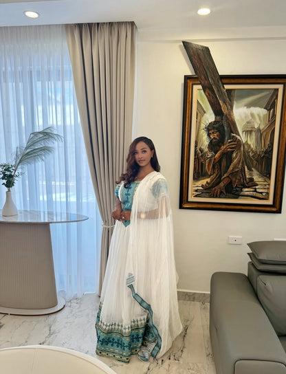Blue Ethiopian Dress A-Line Wide Tibeb Cotton Tilf for Timkat