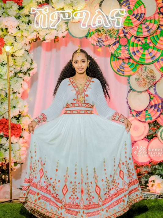 Red Habesha Kemis – Classic Ethiopian Traditional Dress for Weddings, Cultural Events, and Celebrations