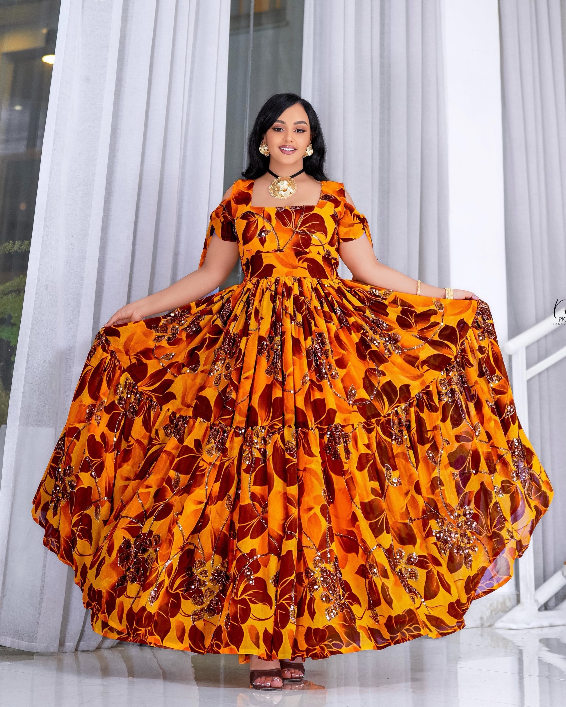Orange Habesha Chiffon Dress Fine Geometric Tibeb Embroidery for special ocassion