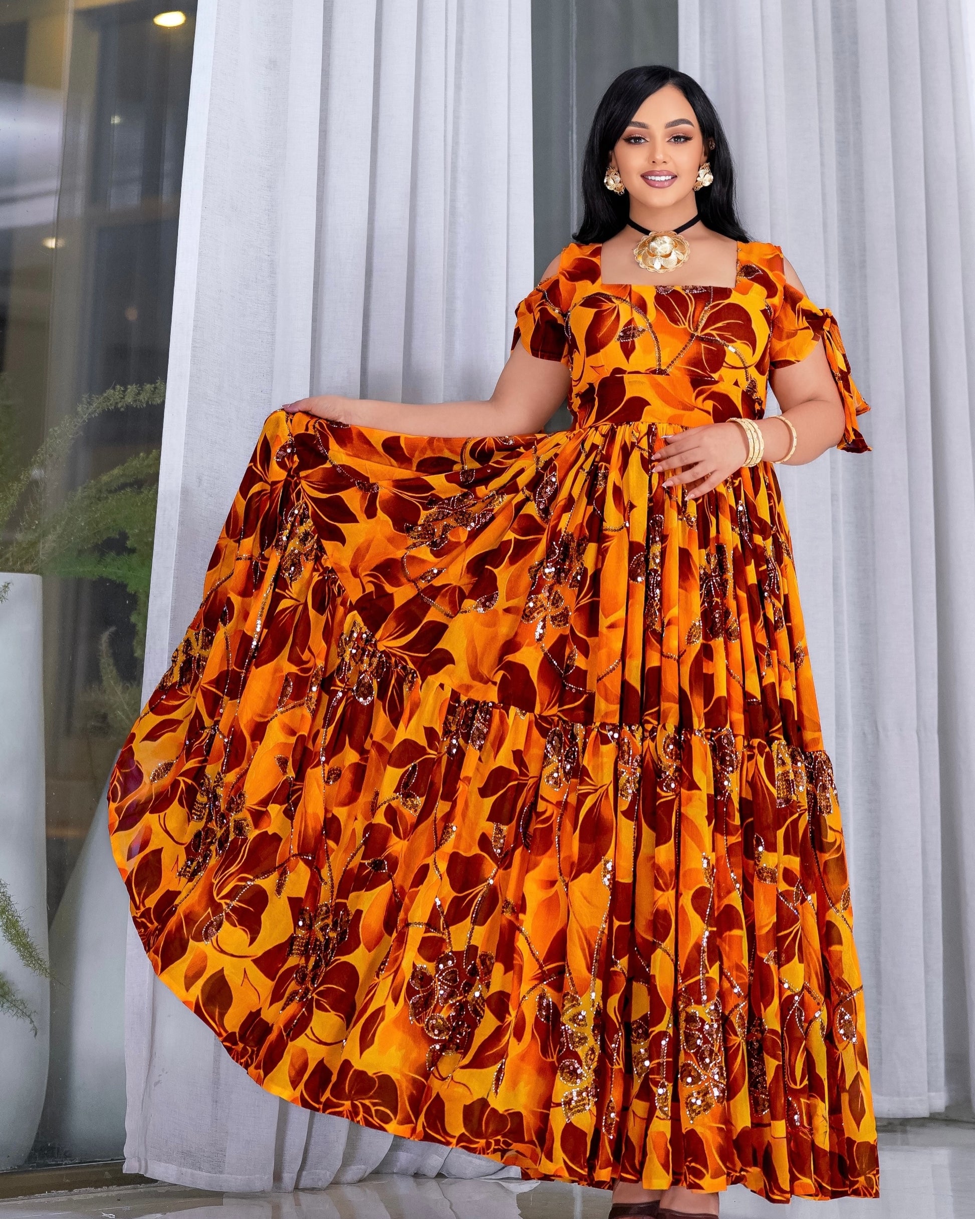 Orange Habesha Chiffon Dress Fine Geometric Tibeb Embroidery for special ocassion