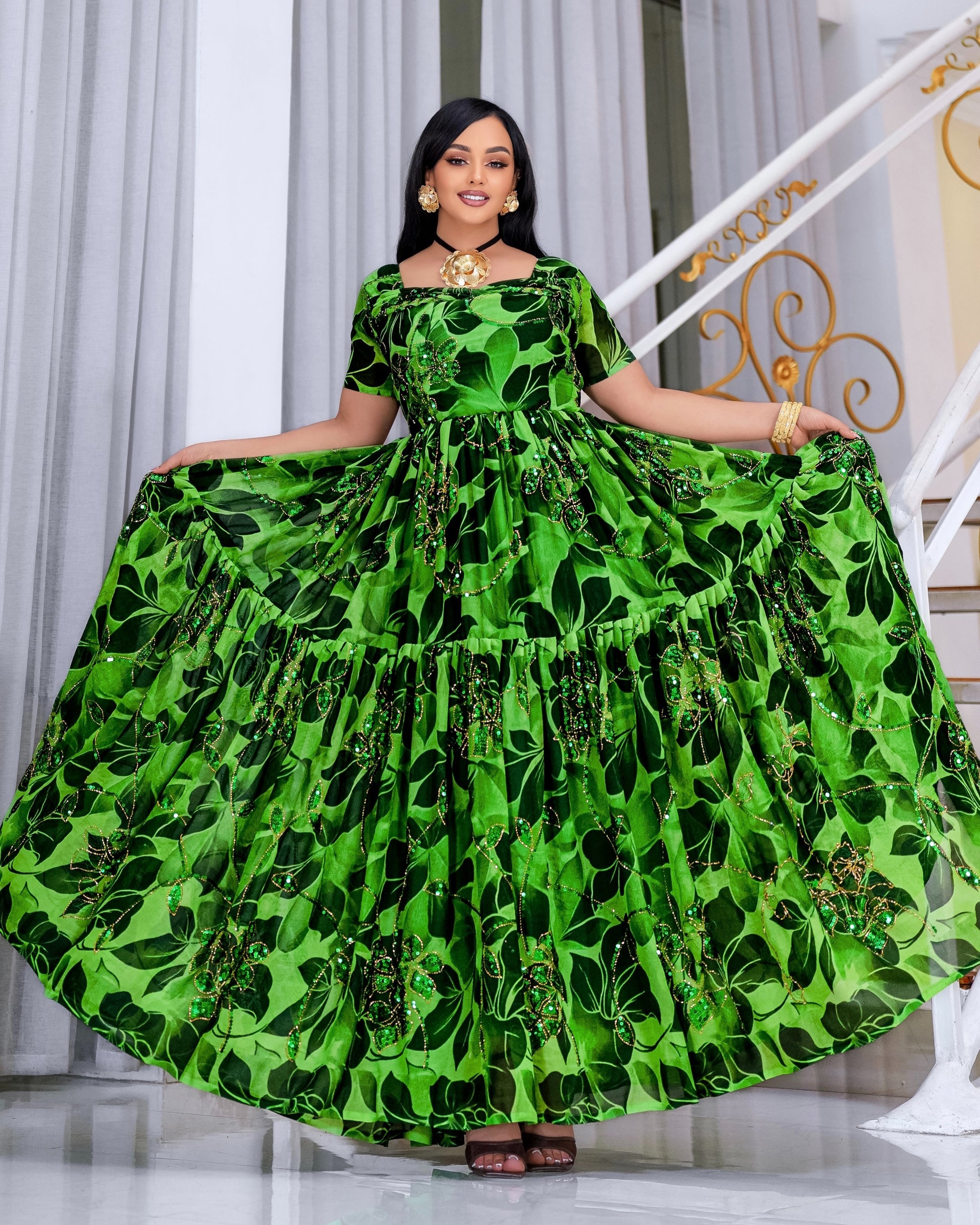 Green Habesha Chiffon – Cotton Blend cotemporary Design for Formal Events