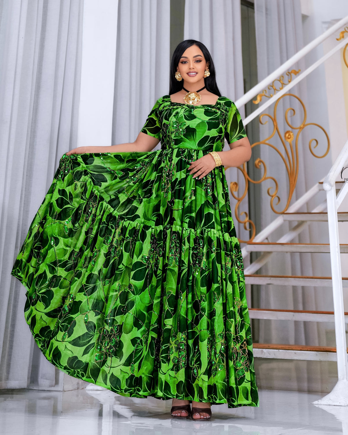 Green Habesha Chiffon – Cotton Blend cotemporary Design for Formal Events