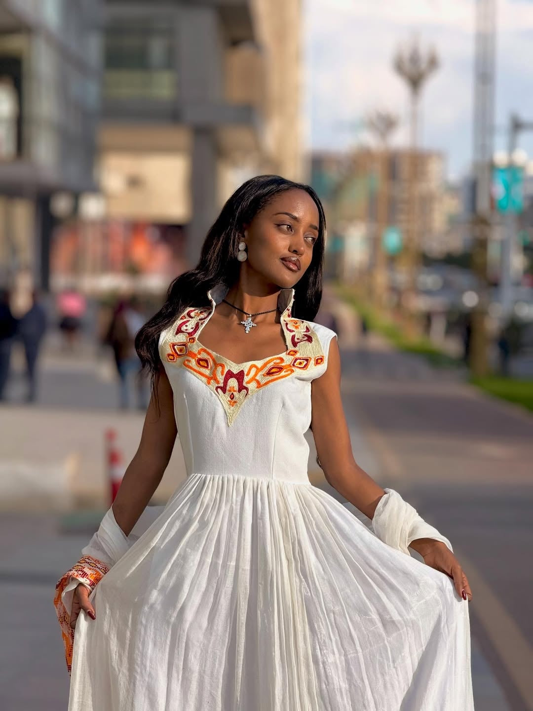 modern ethiopian traditional dress Orange Habesha – Outfit with Gracef Color:Mocha Multi Style ST260153-AZALEA FLOWER church (ቤተክርስቲያን) Essential Trousers Length Tips