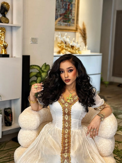 Gold Traditional Ethiopian Dress – Habesha Kemis for Bridal Celebrations