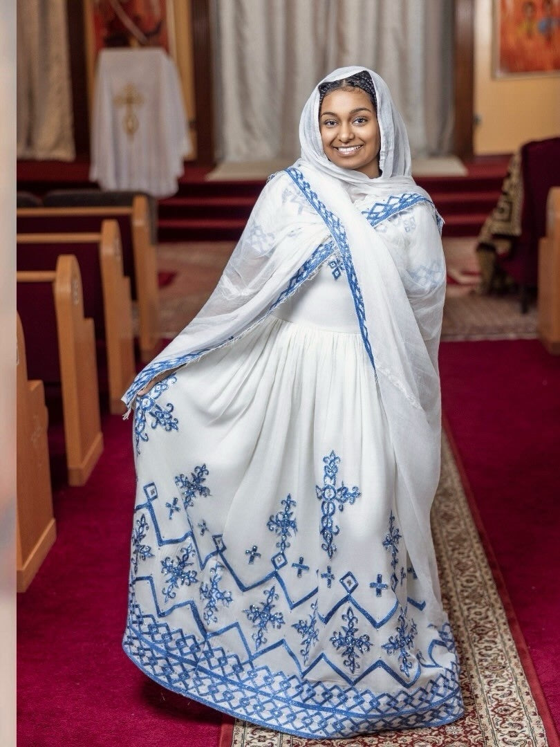 Blue Habesha Kemis with Tilet Embroidery β Traditional Ethiopian Dress