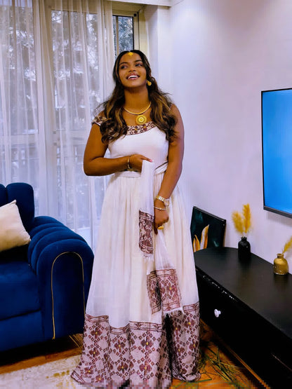 Ethiopian Dress – Modern White Cotton with Purple Handwoven Borders for Diaspora