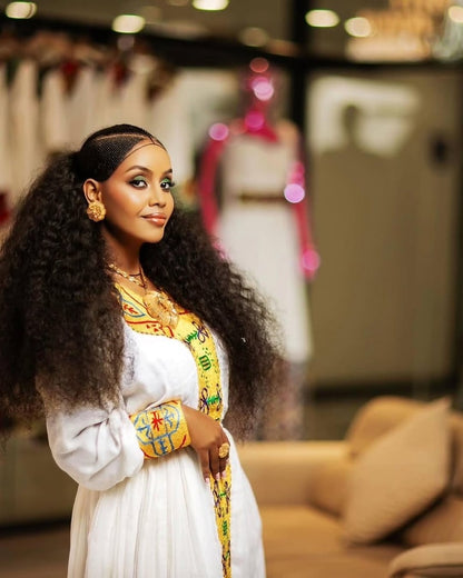 Yellow Habesha Dress – Traditional Ethiopian Hand-Woven dress with Vibrant Tilf Embroidery for Weddings and Ceremonies