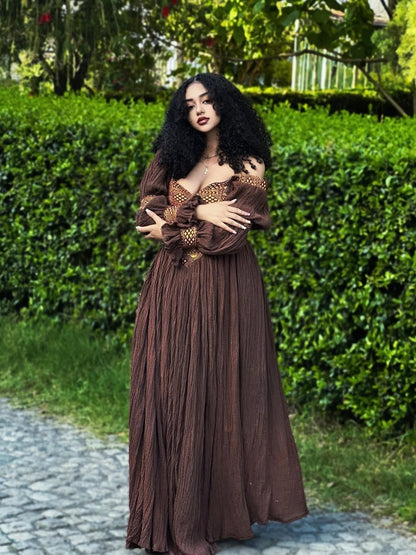 Brown Ethiopian Dress with Tilet – Habesha traditional Kemis Cultural Festive Wear