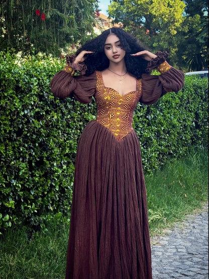 Brown Ethiopian Dress with Tilet – Habesha traditional Kemis Cultural Festive Wear