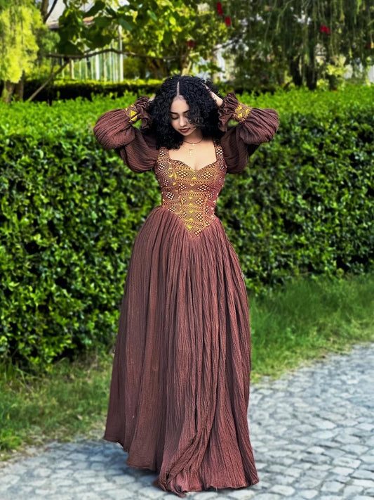 Brown Ethiopian Dress with Tilet – Habesha traditional Kemis Cultural Festive Wear