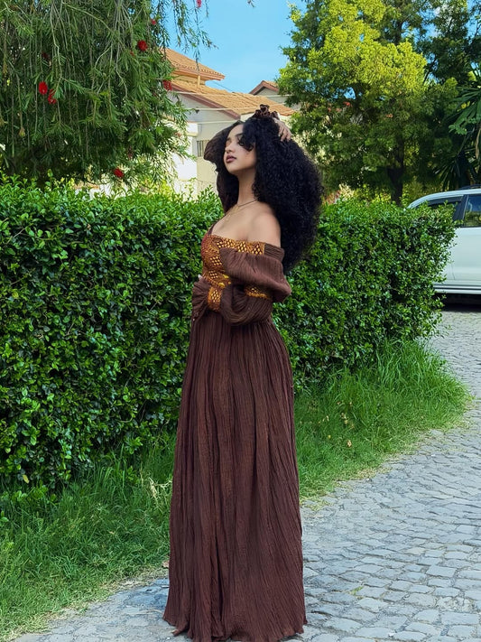 Brown Ethiopian Dress with Tilet – Habesha traditional Kemis Cultural Festive Wear