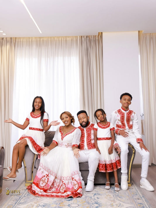 Red Habesha Libs Family Matching Set – Coordinated Ethiopian Traditional Dress Collection for Weddings & Cultural Celebrations