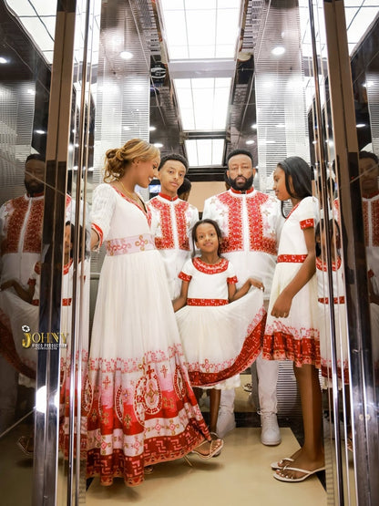 Red Habesha Libs Family Matching Set – Coordinated Ethiopian Traditional Dress Collection for Weddings & Cultural Celebrations