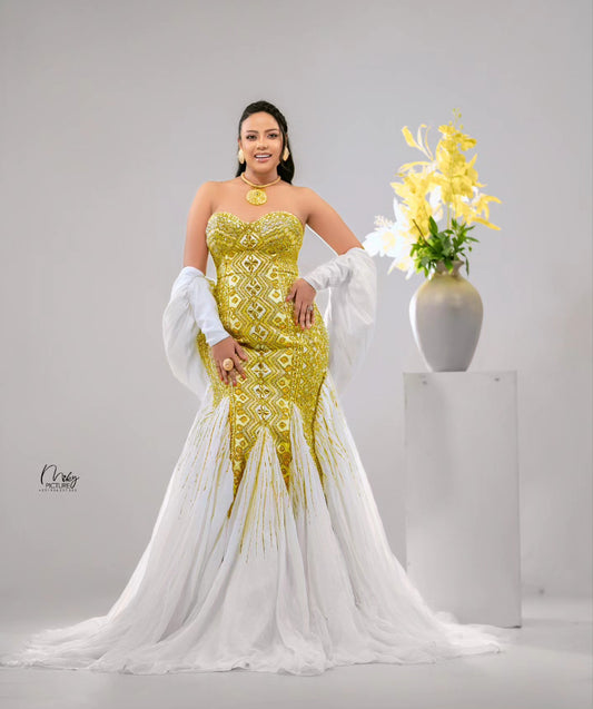 Kal Queen Closet Gold Habesha Wedding Dress – Elegant Ethiopian Style for Cultural Celebrations