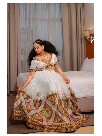 Gold Ethiopian Libs – Modern Traditional Dress for Evening Wedding Celebrations