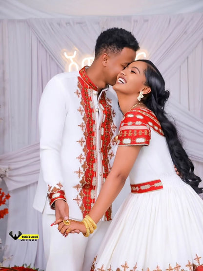 Red Matching Habesha Wedding Set – Coordinated Ethiopian Traditional Bridal Outfit for Bride & Groom