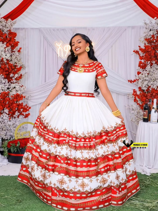 Red Matching Habesha Wedding Set – Coordinated Ethiopian Traditional Bridal Outfit for Bride & Groom