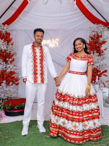 Red Matching Habesha Wedding Set – Coordinated Ethiopian Traditional Bridal Outfit for Bride & Groom