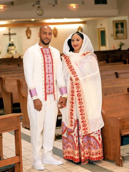 Pink Ethiopian Traditional Dress Matching Couple Set – Elegant Habesha Wedding Outfit for Bride and Groom Cultural Celebrations