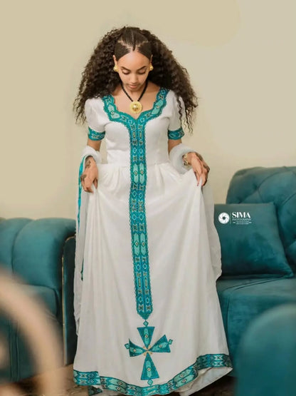 Green Habesha Kemis – Classic Ethiopian Traditional Dress with Handwoven Menan Cotton and Ma’ekel Tilf Embroidery for Holidays, Ceremonies