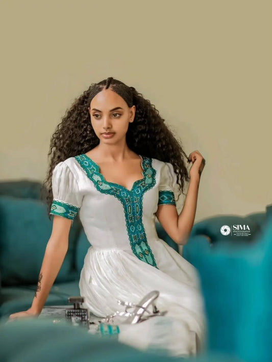 Green Habesha Kemis – Classic Ethiopian Traditional Dress with Handwoven Menan Cotton and Ma’ekel Tilf Embroidery for Holidays, Ceremonies