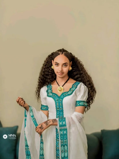 Green Habesha Kemis – Classic Ethiopian Traditional Dress with Handwoven Menan Cotton and Ma’ekel Tilf Embroidery for Holidays, Ceremonies