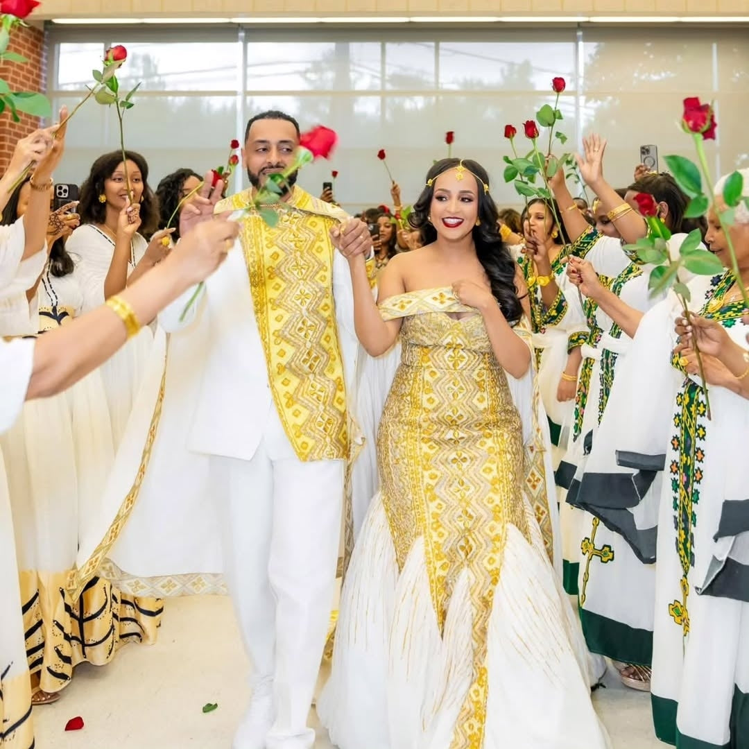 Gold-Embroidered Habesha Wedding Set – Luxurious Handcrafted Bridal dress and Groom attire for Ethiopian Wedding and bridal entrances