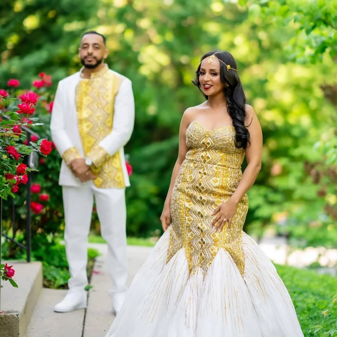 Gold-Embroidered Habesha Wedding Set – Luxurious Handcrafted Bridal dress and Groom attire for Ethiopian Wedding and bridal entrances