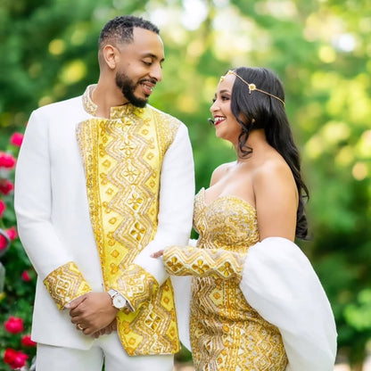 Gold-Embroidered Habesha Wedding Set – Luxurious Handcrafted Bridal dress and Groom attire for Ethiopian Wedding and bridal entrances