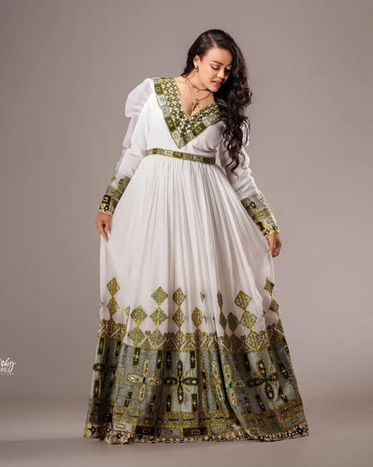Green Habesha Libs – Contemporary Ethiopian Traditional Dress with Subtle Cultural Detailing for Stylish Events and Special Occasions