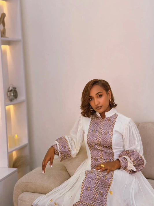 Elegant Short-Length pink Habesha Dress with Embroidery for Holidays & Cultural Occasions
