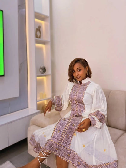 Elegant Short-Length pink Habesha Dress with Embroidery for Holidays & Cultural Occasions
