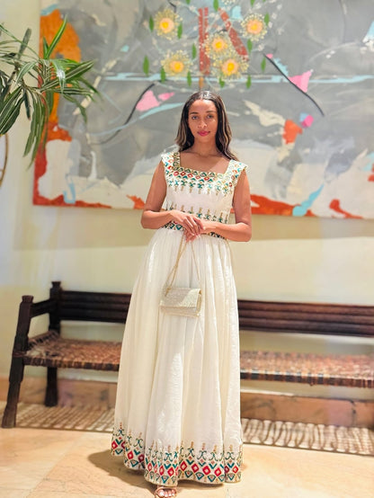 White & Gold Habesha Kemis – Handwoven Ethiopian Bridal Collection