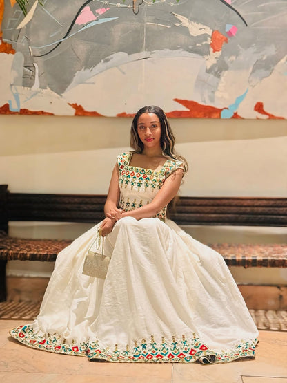 White & Gold Habesha Kemis – Handwoven Ethiopian Bridal Collection