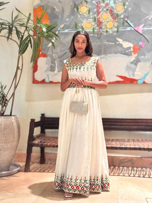 White & Gold Habesha Kemis – Handwoven Ethiopian Bridal Collection