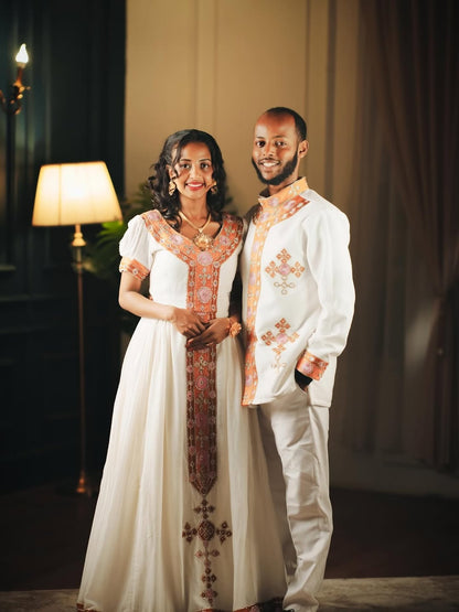 Red flowing Habesha dress designed for comfort and ease, perfect for weddings, cultural events, and everyday elegance