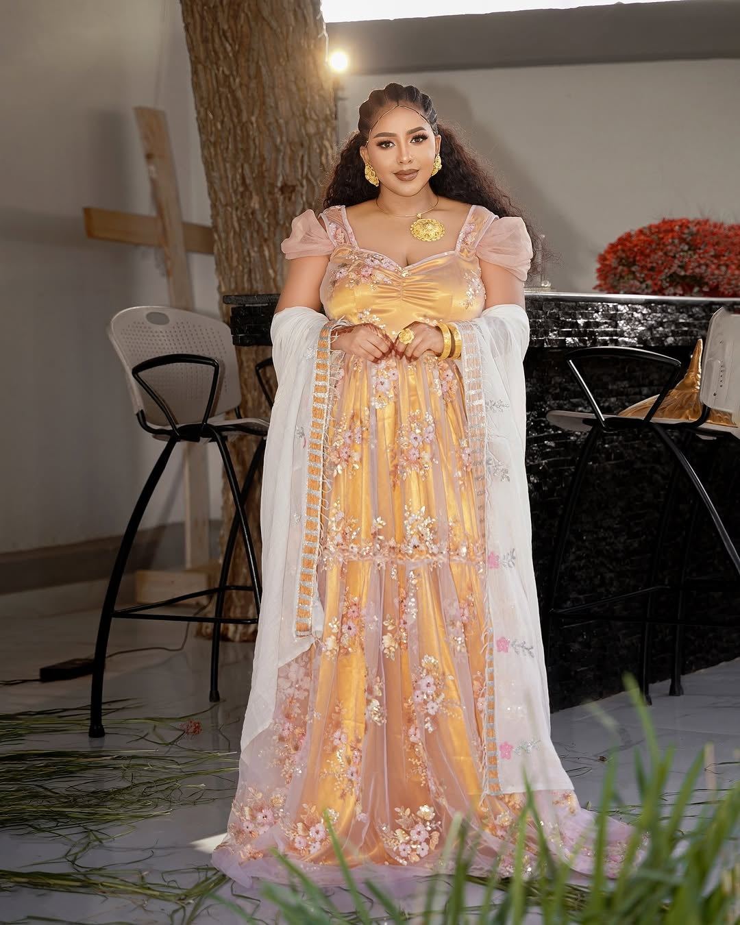 white and gold chiffon dress Cream And Gold Chiffon Maxi Dress – self-portrait-US main image 0