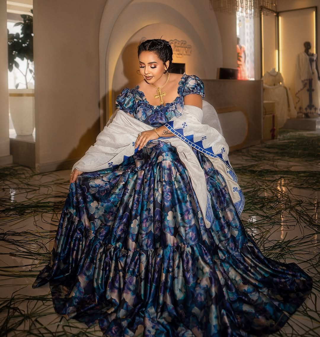 Blue New Design Habesha Chiffon Dress with Netela – Modern Ethiopian O
