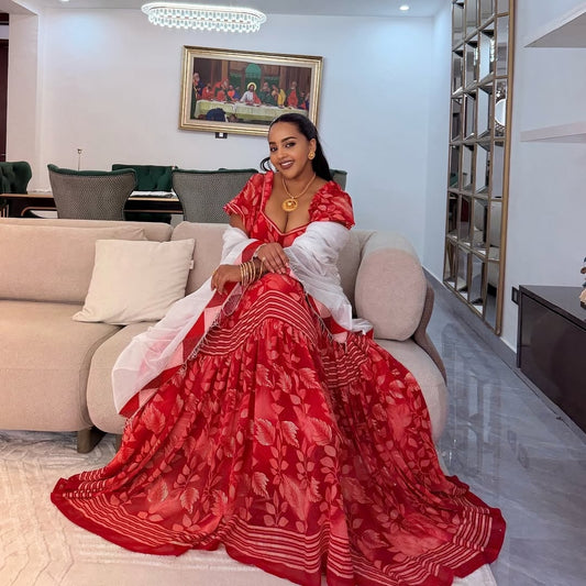 Red Habesha Chiffon Dress – Lightweight Ethiopian chiffon for special ocassion