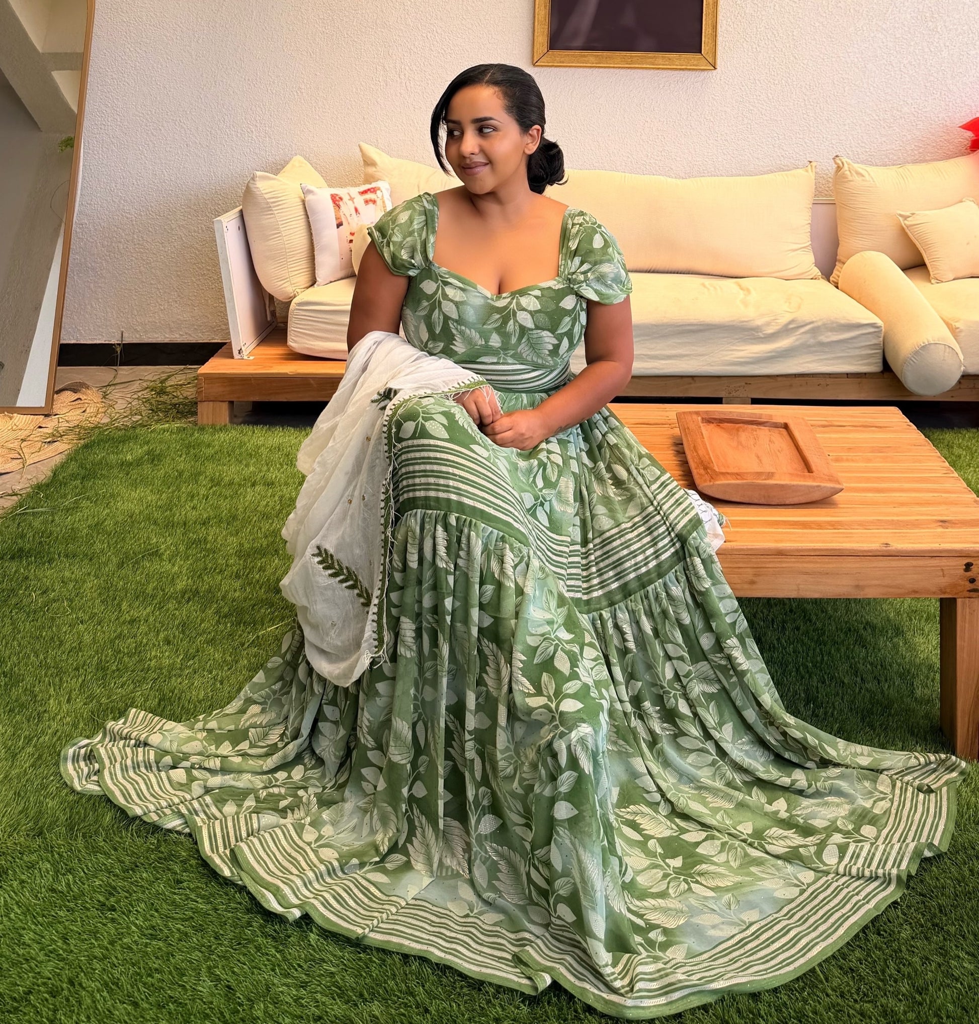 Green Habesha Chiffon Kemis – Vibrant Ethiopian Traditional Dress with – Habesha Dress Store