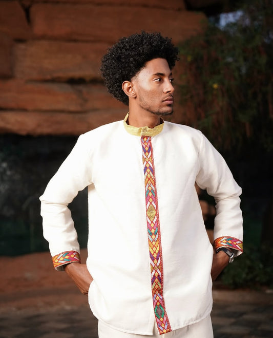 modern habesha dress for men Light Color Habesha Men's Outfit Modern Habesha Shirt With Pants Simple Habesha Shirt Style L