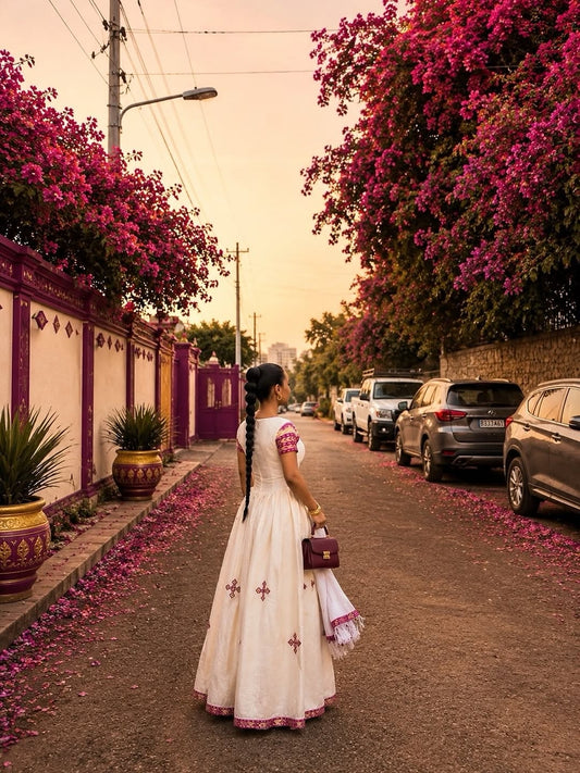 Woman in a white Habesha Chiffon walking down a street lined with pink flowers and parked cars.
