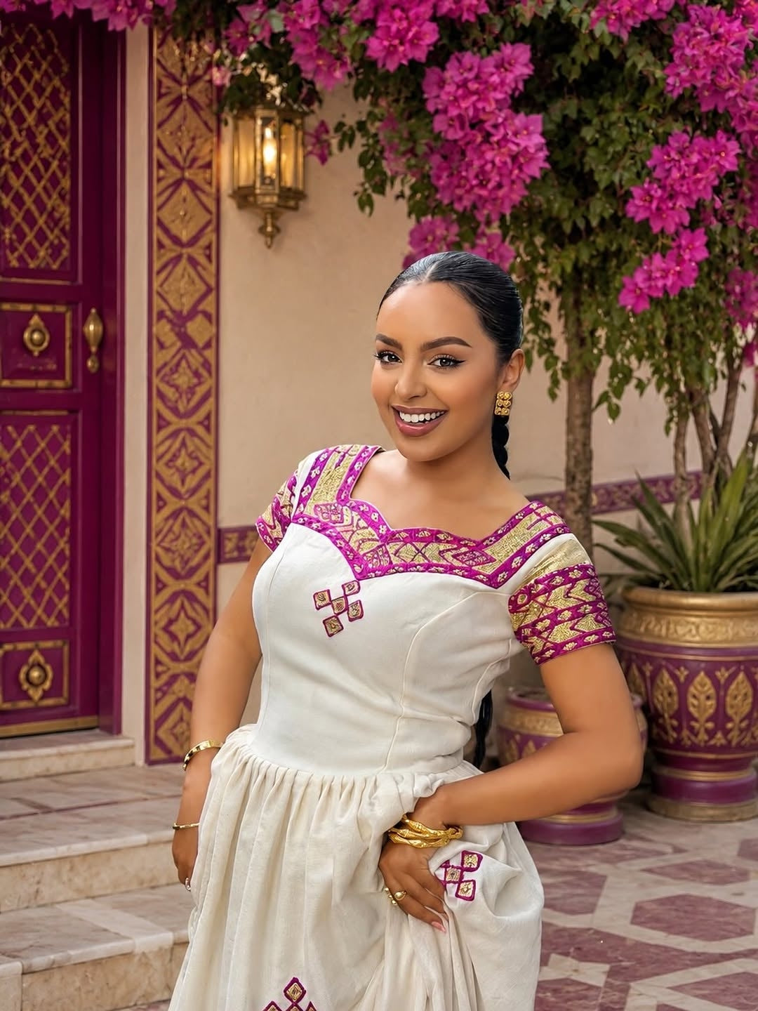 Woman in a white Habesha Kemis  with pink and purple accents standing in front of a decorative entrance with flowers.