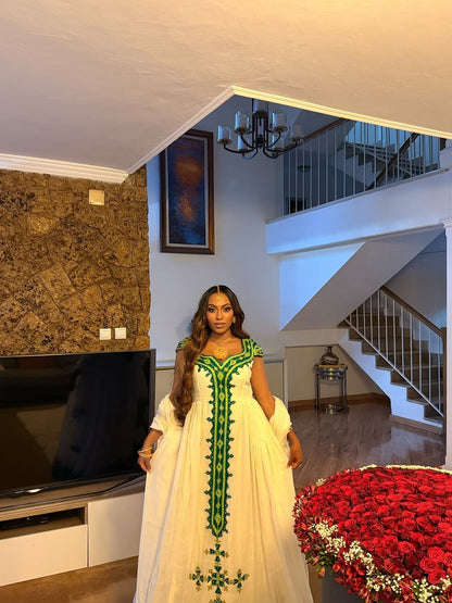 Green Habesha Libs – Full Length Traditional Dress with Patterns for Weddings and Cultural Events
