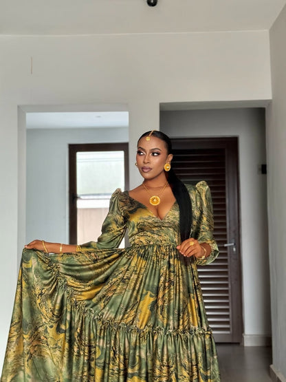 Green Flowing Habesha Shiffon Dress – Elegant Ethiopian Silk Chiffon Traditional Dress for Weddings and Cultural Celebrations