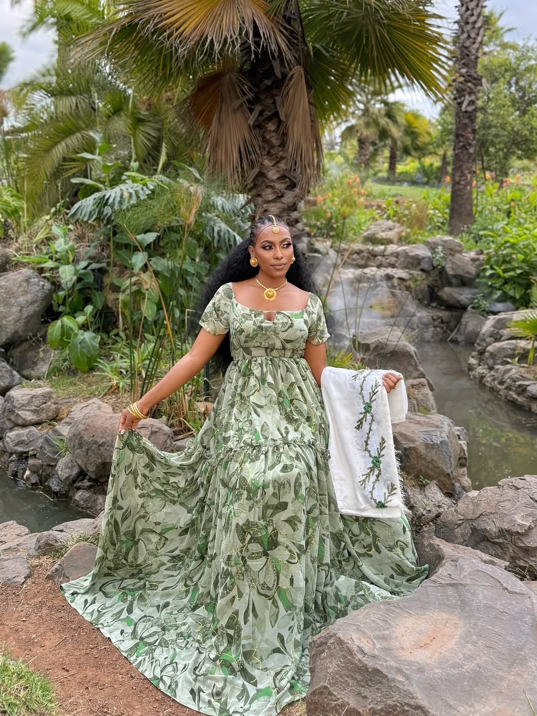 Green Ethiopian Shiffion Dress – Flowing Habesha Shiffion dress with Lightweight Fabric and Elegant Traditional Style for Weddings