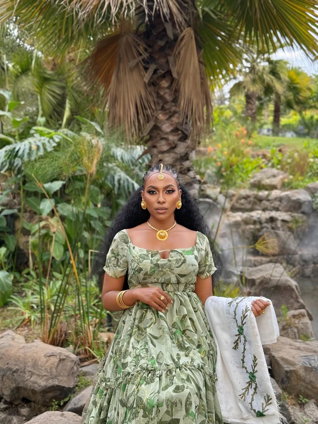 Woman in a Shiffion dress  dress standing in a natural setting with rocks and plants.